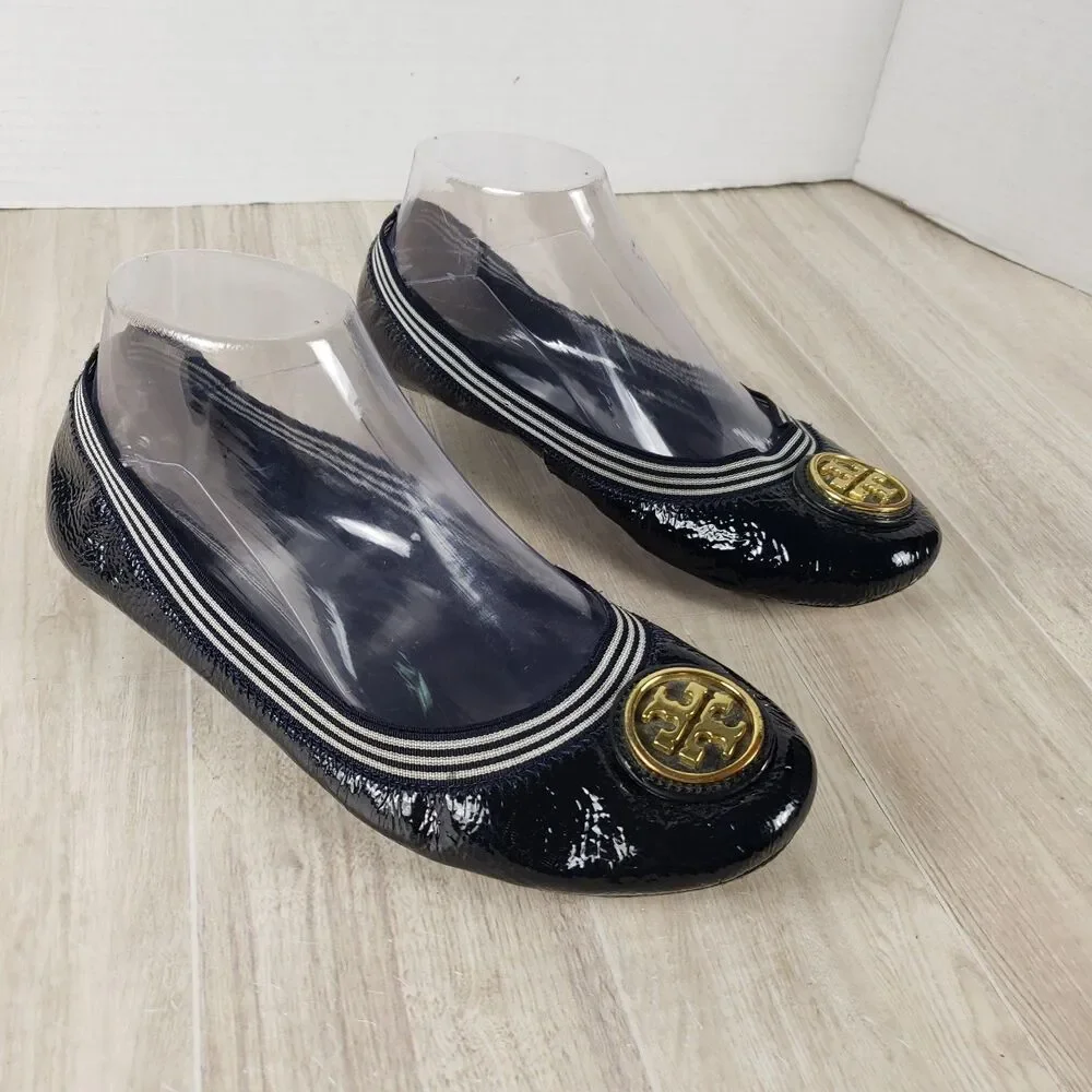 Women's Tory Burch Black Patent Leather Caroline Ballet Flats Shoe Size 8